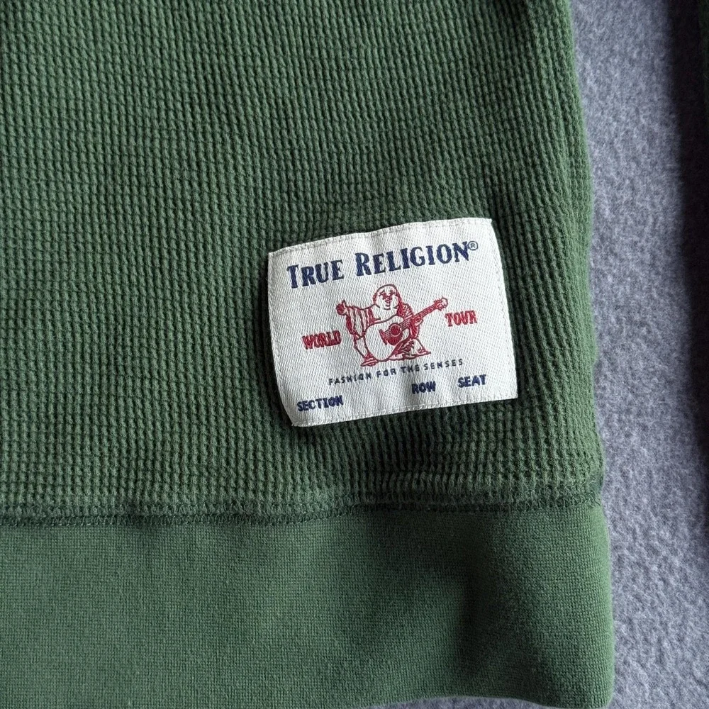 True Religion Shirt Mens 3XL Green Waffle Thermal Long Sleeve Henley Patch Logo